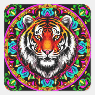 Sticker Carré Portrait de tigre avec motif de mandala