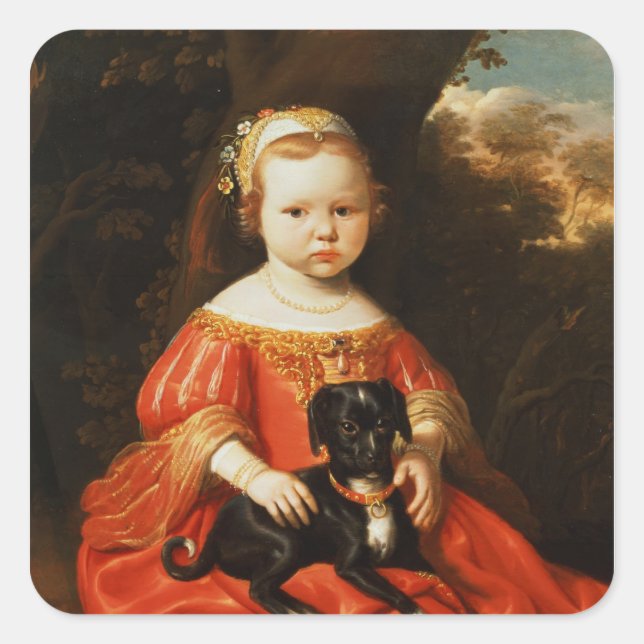 Sticker Carré Portrait d'une fille avec un chien (Devant)