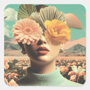 Sticker Carré Portrait Féminin Surréaliste Avec Fleurs Couvrant