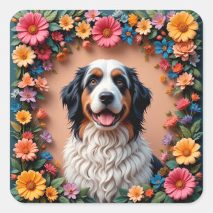 Sticker Carré Portrait Floral de Chien Fluffy 🐾 Art Douce et Mi
