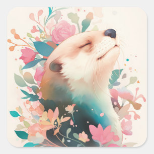 Sticker Carré Portrait serein d'une loutre à l'aquarelle