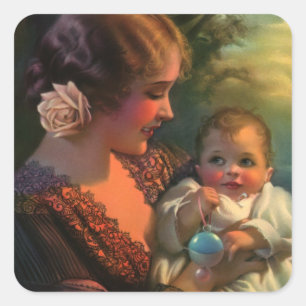 Sticker Carré Portrait vintage de la fête des mères, maman et bé