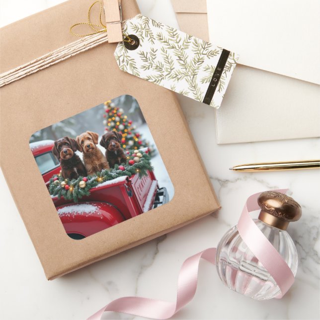 Sticker Carré Portuguese Water Dog Christmas Red Truck Holiday (Cadeaux)