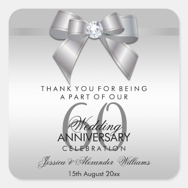 Sticker Carré Posh Gem Bow & Ribbon 60e anniversaire de Mariage (Devant)