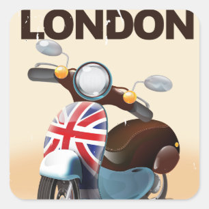Sticker Carré Poster de voyage London vintage scooter union jack