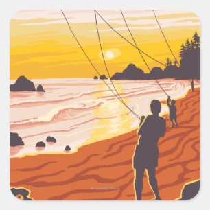 Sticker Carré Poster de voyage Plage & KitesCoastVintage