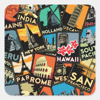 Sticker Carré posters de voyage rétro europe vintage asia usa
