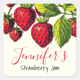 Sticker Carré Pot de confiture de fraises vintage personnalisé