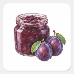 Sticker Carré Pot de confiture de prunes à l'aquarelle et prunes