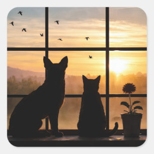 Sticker Carré Pot de fleurs de fenêtre avec un chat et un chien 