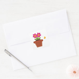 Sticker Carré Pot de fleurs rose avec papillon