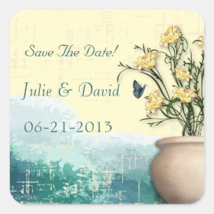 Sticker Carré Pot Fleur vintage & Papillon Enregistrer La Date