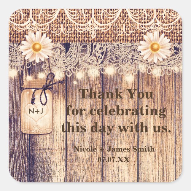 Sticker Carré Pots de Mason Lumière Rustique Daisies & Mariage d (Devant)