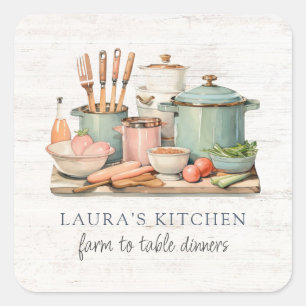 Sticker Carré Pots et casseroles en aquarelle rustique Ustensile