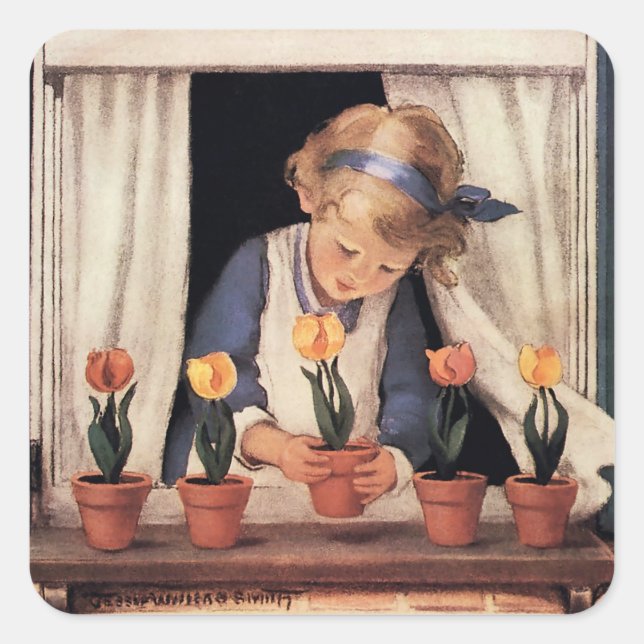 Sticker Carré Potting Tulips par Jessie Willcox Smith (Devant)