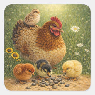 Sticker Carré Poule mère avec poussins se nourrissant de graines