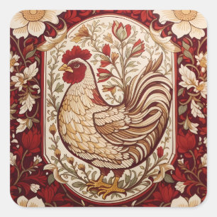 Sticker Carré Poule Vintage Fleurie Rouge et Crème