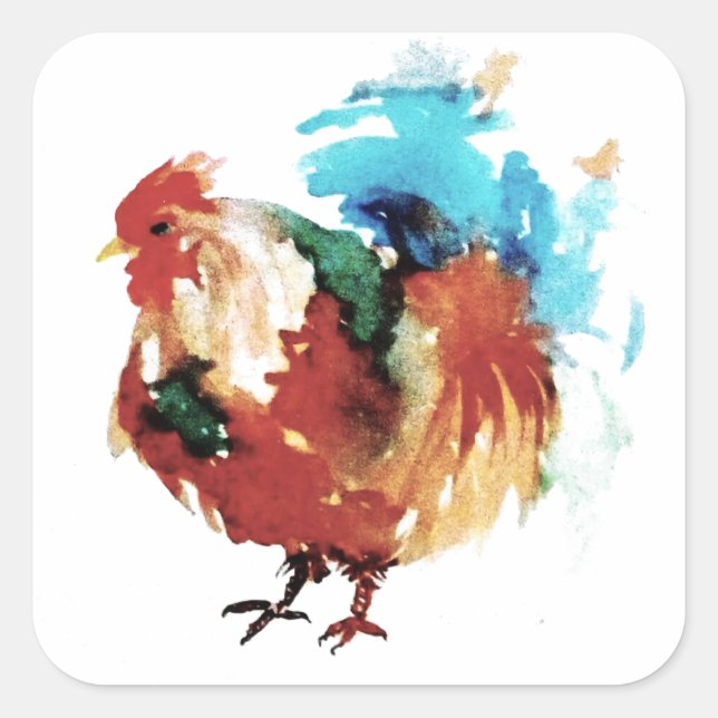 Sticker Carré Poulet d'aquarelle de coq coloré (Devant)