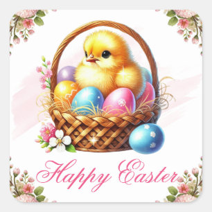 Sticker Carré Poulet Mignon avec des Oeufs Colorés Joyeuses Pâqu