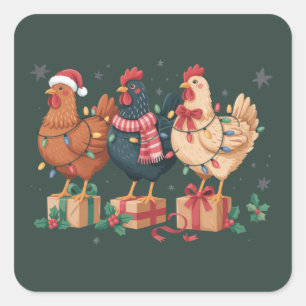 Sticker Carré Poulets de Noël mignons Ferme de vacances amusante