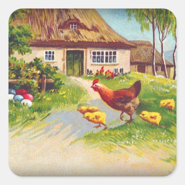 Sticker Carré Poulets et oeufs de Pâques (Devant)