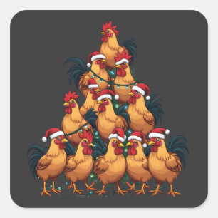 Sticker Carré Poulets sapin de Noël Joyeux Noël Funny Noël