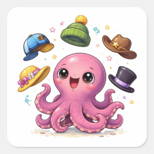 Sticker Carré Poulpe de dessin animé jonglant avec des chapeaux