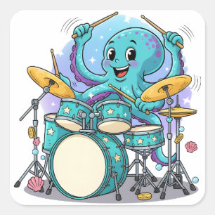 Sticker Carré Poulpe qui bat la mesure Dessin animé drôle Poulpe