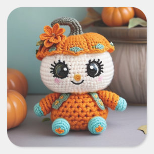 Sticker Carré Poupée Crochetée Citrouille adorable : Amigurumi P