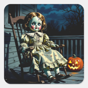 Sticker Carré Poupée hantée et citrouille d'Halloween