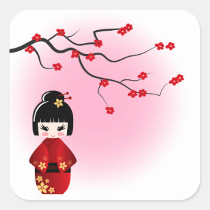 Sticker Carré Poupée japonaise de kokeshi aux fleurs de Sakura