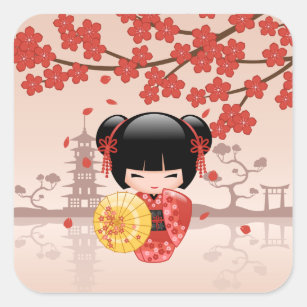 Sticker Carré Poupée rouge Sakura Kokeshi - Geisha japonais