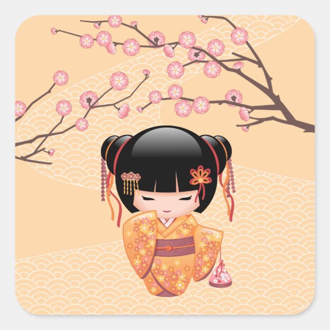 Sticker Carré Poupée Ume Kokeshi - Japonaise Pêche Geisha Girl (Devant)
