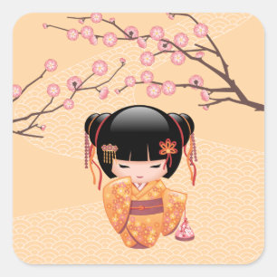 Sticker Carré Poupée Ume Kokeshi - Japonaise Pêche Geisha Girl
