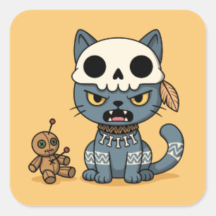 Sticker Carré Poupée vaudou de chat sorcière sur fond jaune