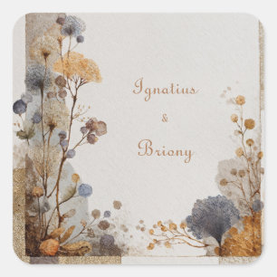 Sticker Carré Poussiéreux Bleu Botanique Patchwork Doré Mariage