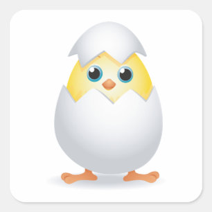 Sticker Carré Poussin Jaune Éclosant dans sa Coquille d'Œuf