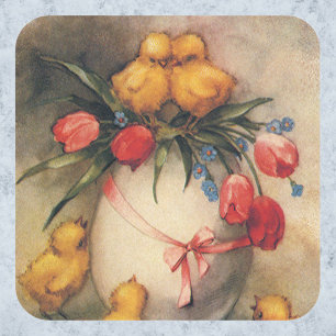 Sticker Carré Poussins de Pâques vintage avec fleurs de tulipes