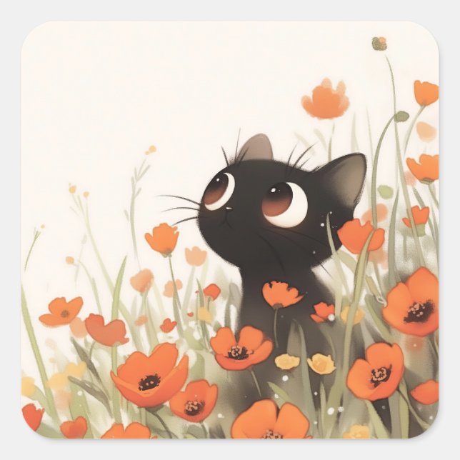 Sticker Carré Prairie aux Coquelicots Chat Noir (Devant)