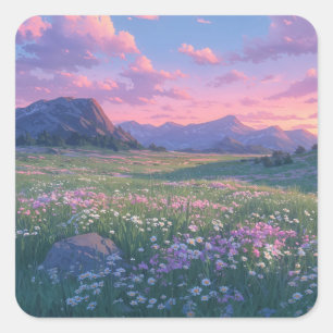 Sticker Carré Prairie fleurie panoramique au pied d'une montagne