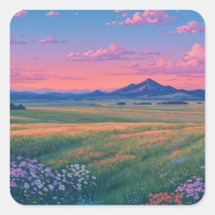 Sticker Carré Prairie fleurie panoramique et vallée de montagne