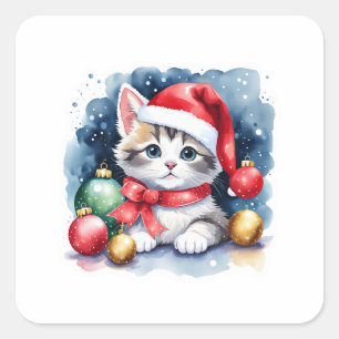 Sticker Carré Précieux gris et blanc Père Noël Kitten