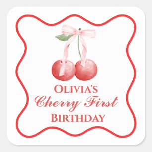 Sticker Carré Premier anniversaire Cerise Ruban Rose Gingham