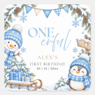 Sticker Carré Premier anniversaire de Winter Onederland Pingouin