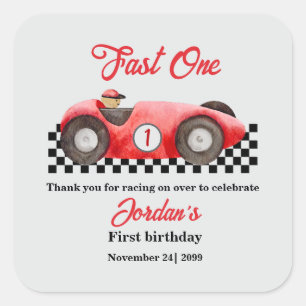 Sticker Carré Premier Anniversaire Red Race Car Fast One