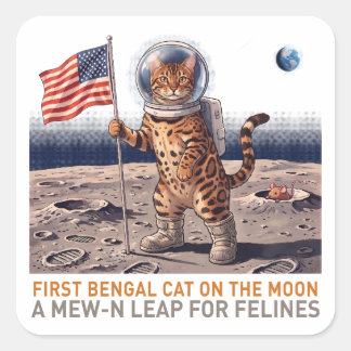 Sticker Carré Premier chat Bengal sur la Lune - Félin spatial ré