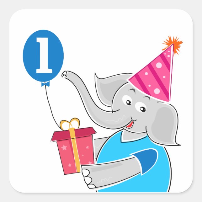 Sticker Carré Premier éléphant d'anniversaire avec ballon (Devant)