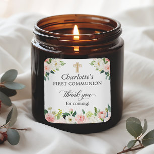 Sticker Carré Premier Merci de communion rose pâle rose rose