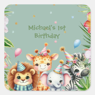 Sticker Carré Première Anniversaire Safari animal sauvage une fl
