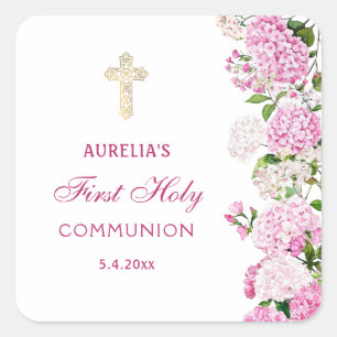 Sticker Carré Première communion à l'hydrangea rose